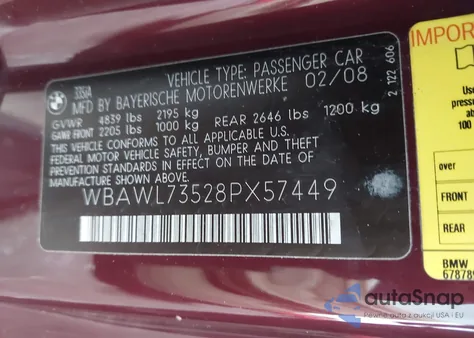 2008 BMW 335I from USA, damaged, VIN WBAWL73528PX57449